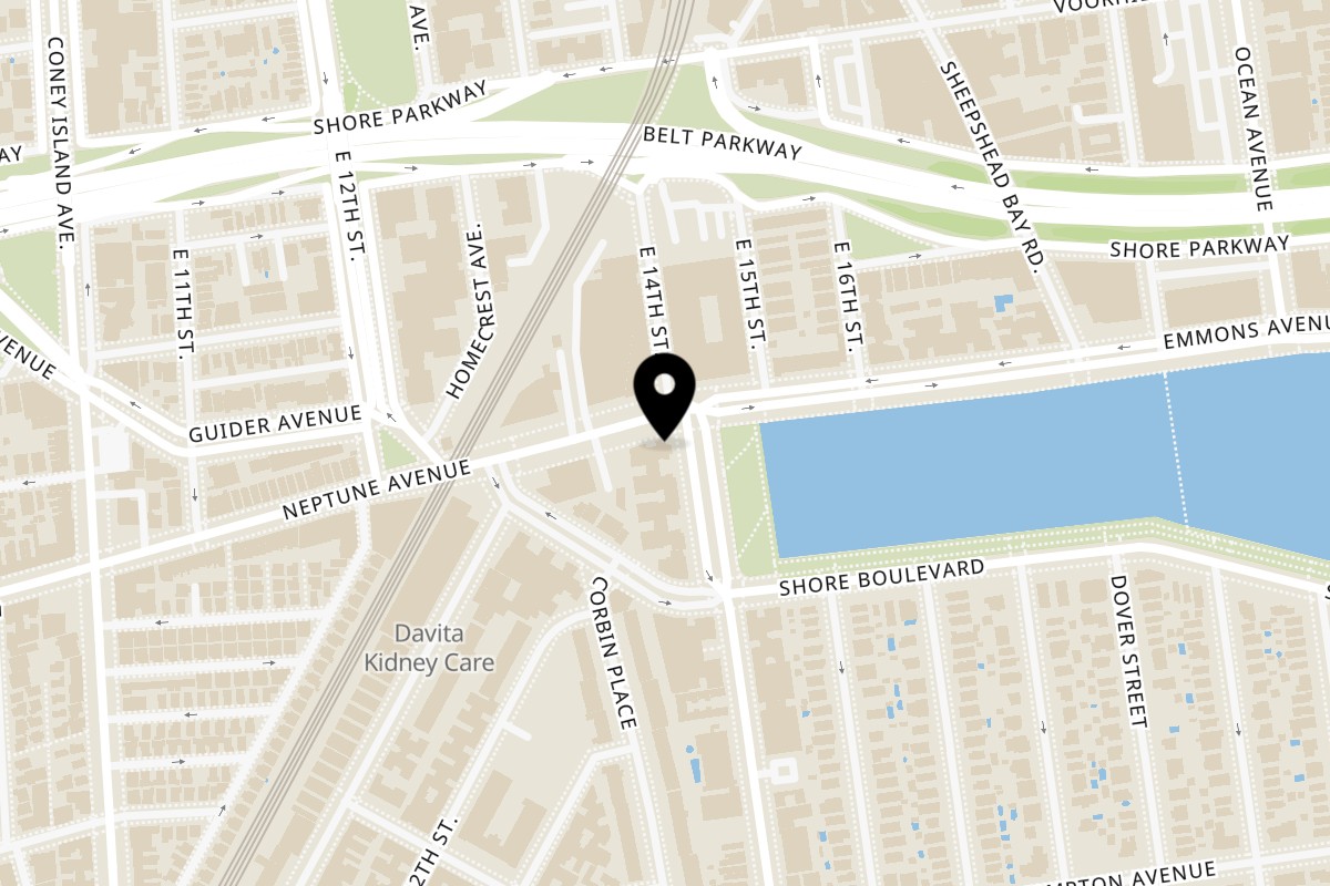 Map showing the location of The Bay Cafe on 2 Neptune Ave in Brooklyn